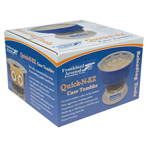 The Frankford Arsenal Quick-n-EZ Case Tumbler cleans brass efficiently, holding up to 600 9mm or 350 .223 cases, using Walnut or Corn Cob Medias.