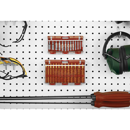 The Tipton Ultra Jag / Brush Set includes 13 caliber-specific Best Bore Brushes from .17 to .45, housed in a durable box with marked cavities for easy organization.