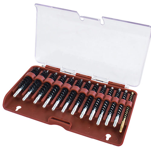 .17 to .45 caliber brushes in a durable storage box, designed for maximum cleaning performance with nylon bristles, backed by a lifetime warranty.
