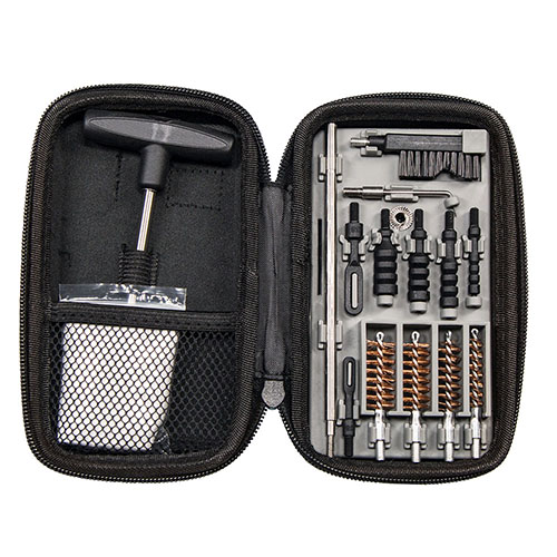 The Tipton Compact Pistol Cleaning Kit offers versatile cleaning for .22-.45 calibers in a portable, semi-rigid case—perfect for travel, range use, or home organization.