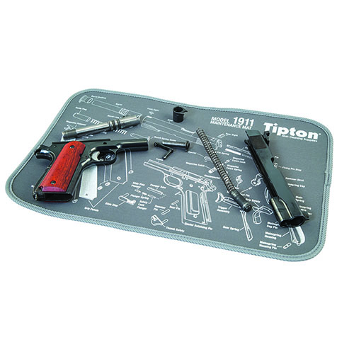 The Tipton 1911 Maintenance Mat features padded neoprene to protect finishes, absorbs oils, and keeps small parts organized, rolling up easily for storage.