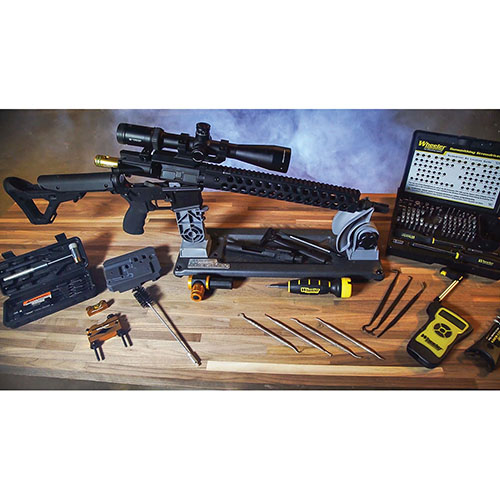 The Wheeler Delta Series AR Armorers Vise offers adjustable supports, a secure mag well insert, and a sturdy base, perfect for building, cleaning, and maintaining ARs.