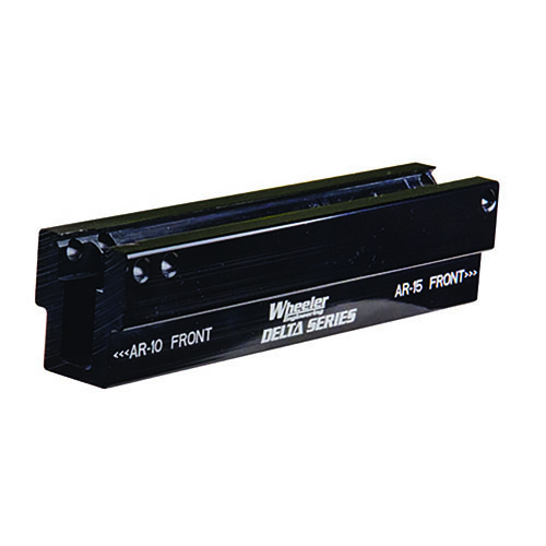 The Wheeler Delta Series AR Upper Vise Block securely holds AR-15 and AR-10 uppers, plus Pic-Rail receivers, ensuring precision for barrel nut tasks.