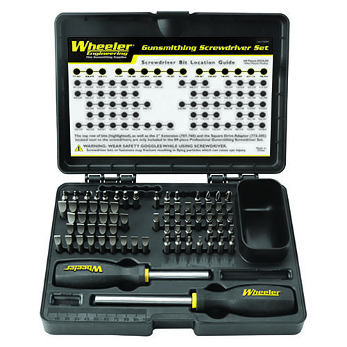 The Wheeler Professional Gunsmithing Screwdriver Set features 72 precision bits, including 54 hollow-ground flat bits and 15 specialty bits for every gunsmithing need.