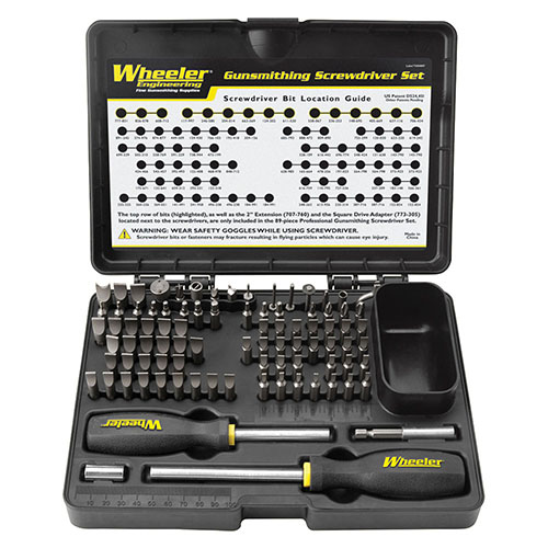 The Wheeler 89 pc Gunsmithing Screwdriver Set features precision bits for every screw type, including 15 specialty bits for versatile gunsmithing tasks.