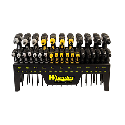 Enhance your workshop with the Wheeler 30-Piece P-Handle Set, featuring a sleek stand for wall mounting and easy access to SAE Hex, Metric Hex, and Torx drivers.