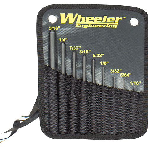 The Wheeler Roll Pin Punch Set features hardened steel construction and hemispherical tips for precise alignment, ensuring no damage to your firearm.