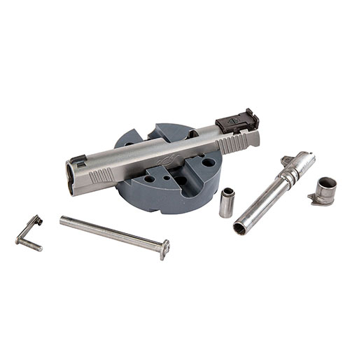 The Wheeler Universal Bench Block, crafted from non-marring urethane, is ideal for M1911 pistols and 10/22s, providing a secure, damage-free workspace.