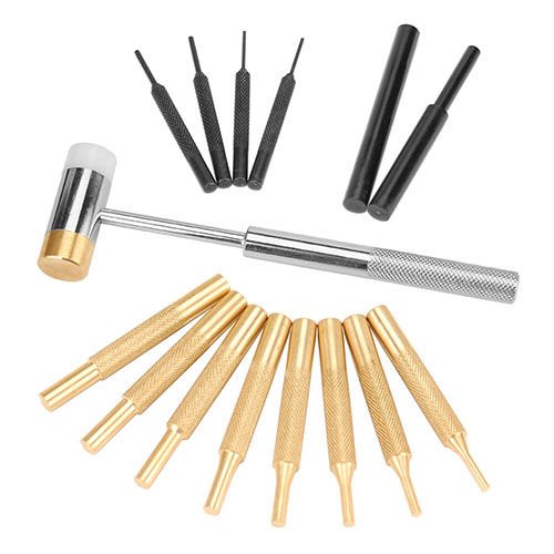 The Wheeler Hammer and Punch Set features a polymer/brass hammer, 14 precision punches, and a molded case, perfect for driving pins and drifting sights.