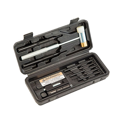 The Wheeler Delta Series AR 15 Roll Pin Install Tool Kit ensures safe installation of AR roll pins with precision tools, including a two-sided hammer and various punches.
