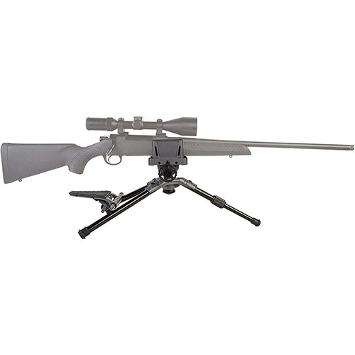 Experience full motion and secure gun placement with the Caldwell Precision Turret Shooting Rest, featuring swivel/pan knobs, a forend clamp, and a micro-adjustable grip.