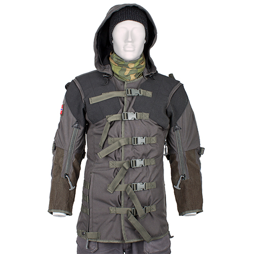 The ULFHEDNAR Shooting Jacket PRS offers adjustable compression straps for optimal support, Kevlar trimmings, spacious pockets, and a hood for enhanced shooting performance.
