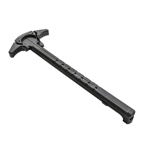 The SCHMEISSER Ambidextrous Charging Handle features durable ALU 7075 T6 construction, ergonomic design, and gas-releasing holes for optimized silencer performance.