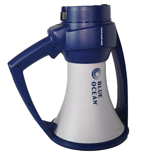 The Blue Ocean Rugged Megaphone is waterproof, floats, and designed to withstand severe weather, making it perfect for military, fire, and police use.