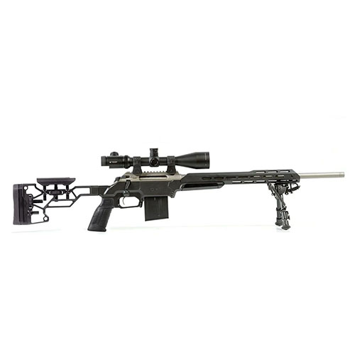 Experience ultimate ergonomics with the MDT ESS Chassis System Kit, featuring adjustable buttstock, refined magazine well, and V-block bedding for stability.