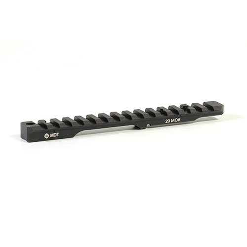 MDT's Picatinny Scope Base features a durable 6061-T6 aluminum construction, 20 MOA incline for elevation adjustment, and compatibility with left-handed actions.