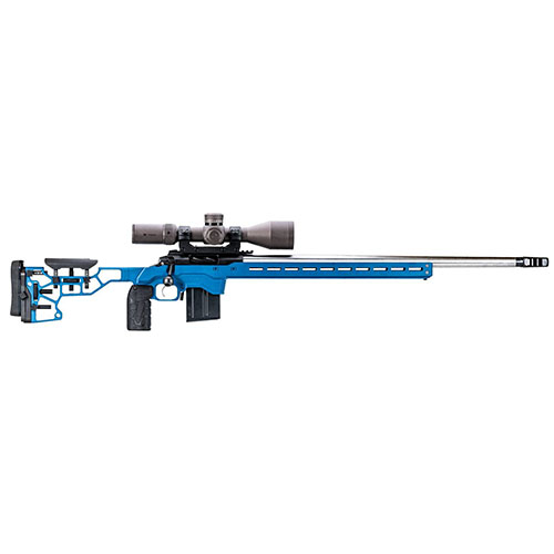 The MDT ACC Chassis System for Savage 338 Lapua offers adjustable weight management, ARCA/RRS dovetail, MDT Elite Grip, and compatibility with AICS magazines.