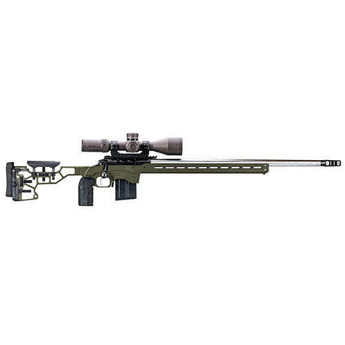 The MDT ACC Chassis System offers adjustable weight management, a robust ARCA/RRS dovetail, and compatibility with AICS magazines for optimal shooting performance.