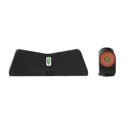 The XS Sights DXT2 Big Dot offers intuitive aiming with tritium illumination for low light, a shallow rear notch for a wider view, and fits popular Glock models.