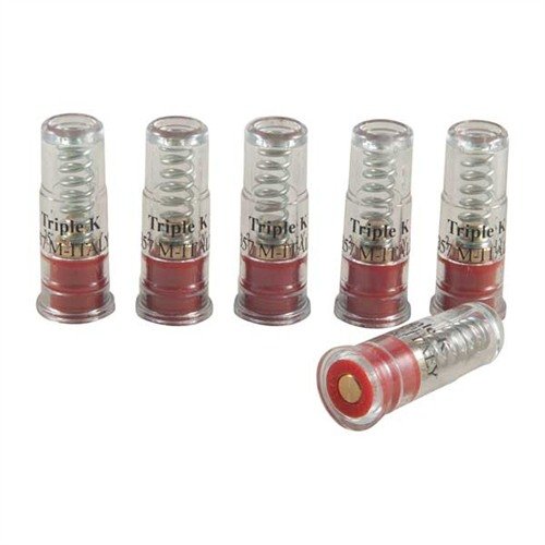 .357 Mag Deluxe Snap Caps from TRIPLE-K allow for safe, dry-fire practice, protecting firing pins with their brass base and plastic body. 6 caps per pak.