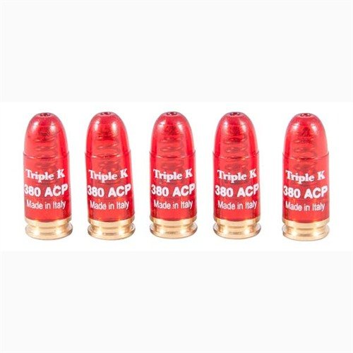 .380 Auto Deluxe Snap Caps by TRIPLE-K feature a brass base and plastic body, perfect for safe dry-fire practice to save firing pins and improve shooting skills.