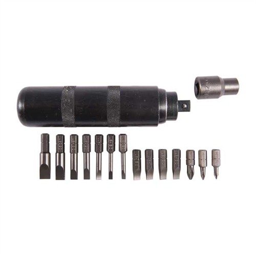 The LISLE Corporation Impact Driver Set features a durable steel driver with a 3/8" sq. drive, 14 MAGNA-TIP bits, and a versatile bit holder for all your gunsmithing needs.