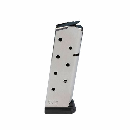 The Ed Brown 8-round magazine features a steel follower, heavy-duty spring, non-slip base pad, and a slick finish for reliable, smooth loading and tracking.