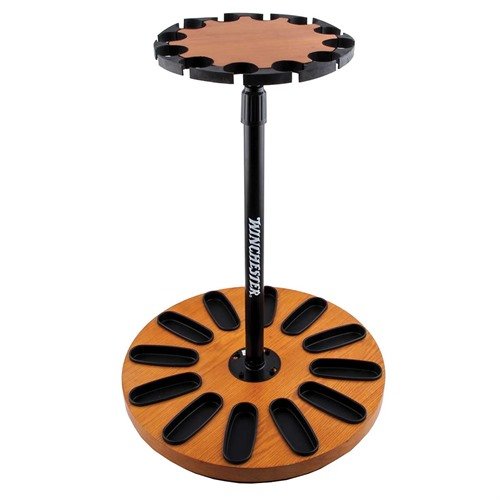 Store and display 12 long guns effortlessly with the sturdy Lazy Susan Rotating Gun Rack, featuring secure grips, height adjustment, and an attractive wood grain finish.