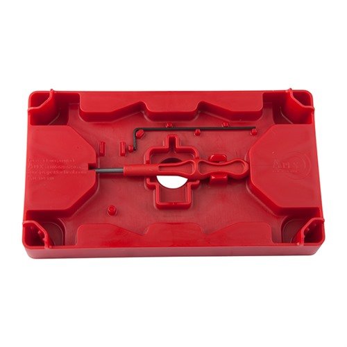 The Apex Tactical Armorer's Block & Tooling Plate offers secure support for polymer frame pistols, adjustable bosses, and prevents damage during disassembly.