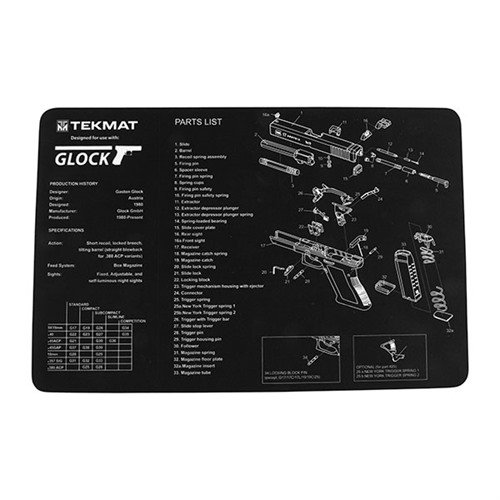 Protect your Glock with the TEK MAT Pistol Gun Cleaning Mat, featuring a soft polyester top, non-slip neoprene backing, and an exploded parts diagram for easy reference.