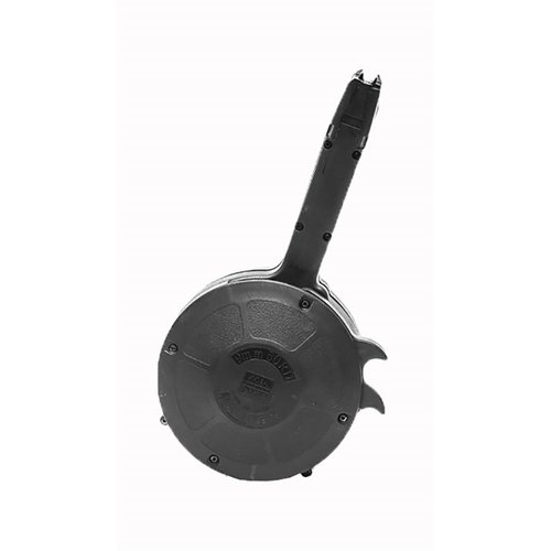 KCI's 50RD Drum Magazine for Glock® 17, 19, 26 boasts a lightweight polymer design, quick-load lever, and reliable feeding for extended range sessions.