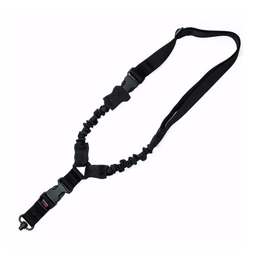 GrovTec's Single Point Tactical Bungee Sling features dual bungee cords for shock absorption, quick release buckles, and easy adjustment over tactical gear.