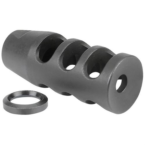 The Midwest Industries AR .308 Muzzle Brake features a three-chamber design to reduce muzzle rise, made from durable tool steel, and includes a crush washer.