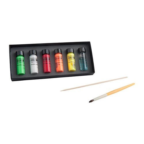 Enhance your shooting accuracy with the BRIGHTSIGHTS Five Color Kit, featuring highly visible paint in Red, White, Green, Orange, and Yellow for improved sight contrast.