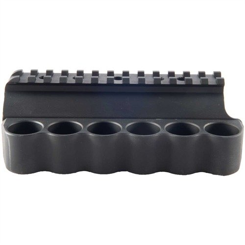The Mesa Tactical Receiver Mount Shotshell Holder securely holds 6 extra 12 gauge shells for fast tactical reloads, featuring durable aluminum construction and easy installation.