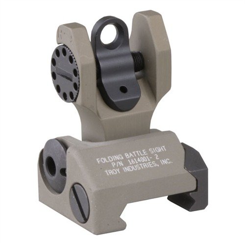 The TROY Industries AR-15 Flip-Up Adjustable Rear Sight in Dark Earth offers rugged reliability, folding design, and matches factory iron sight height for seamless integration.