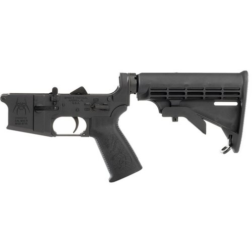 The Spikes Tactical AR-15 Complete M4 Lower Receiver offers durable 7075 T6 aluminum construction, a reinforced polymer buttstock, and precision mil-spec dimensions.