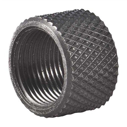 Protect your threaded barrel with this durable 303 stainless steel THREAD PROTECTOR, featuring a knurled design and black oxide finish for added grip.