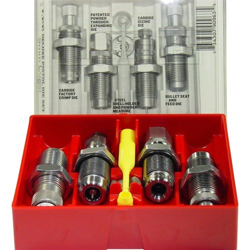 The LEE Precision 45 ACP Carbide 4-Die Set offers a Carbide Full Length Sizing Die, Bullet Seating Die, and a Factory Crimp Die for precise reloading.