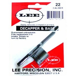The LEE Precision Decapper & Base easily removes crimped primers from military cases, available for .22 or .30 cal, making reloading hassle-free.