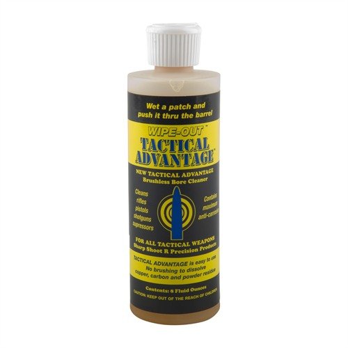 TACTICAL ADVANTAGE is a brushless bore cleaner that aggressively removes carbon, copper, and powder fouling, is odorless, and mixes easily with water for tactical use.