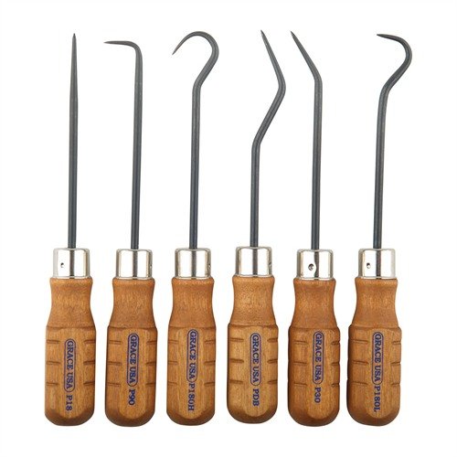 The GRACE USA 6 Piece Hook and Pick Set features durable US 8650 Chromium-Vanadium steel tools with hardwood handles, perfect for professional and hobbyist gunsmiths.