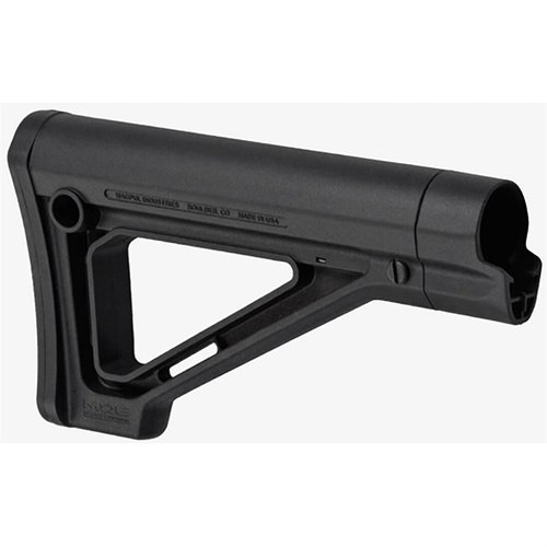 The MAGPUL MOE Fixed Carbine Stock offers a slim profile, improved cheek weld, and easy installation on AR-15/M16 rifles, with multiple sling options.