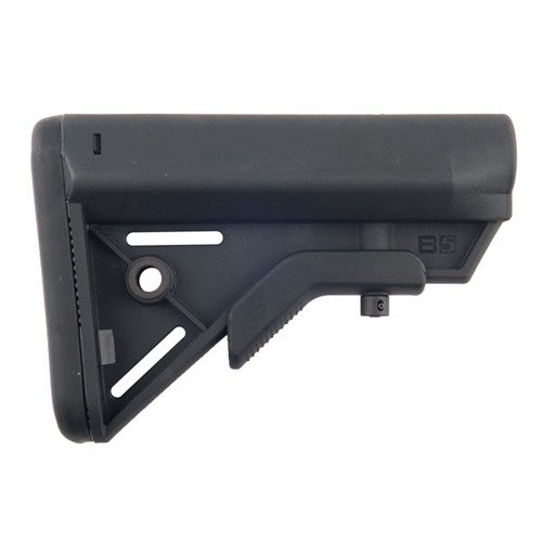 The B5 Systems Bravo Collapsible Stock offers a lightweight, ergonomic design with improved cheek weld, anti-rotation QD mounts, and a non-slip buttpad for enhanced comfort.