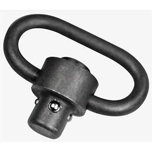 The Magpul QD Sling Swivel offers a push-button quick-detach feature for 1-1/4" webbing, made from durable manganese-phosphate finished steel.