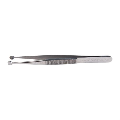 The Mantus tool offers a 6-inch reach with serrated interlocking hands, crafted from surgical stainless steel for durability and versatility in gunsmithing tasks.