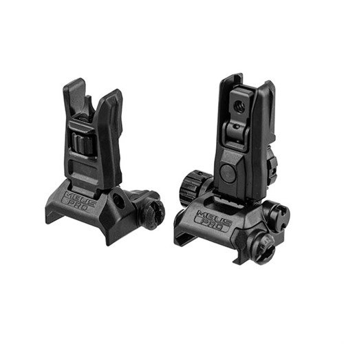 The Magpul MBUS Pro LR Sight Set features rugged all-steel construction, no-tool adjustments, and elevation capabilities for precise targeting at varied distances.