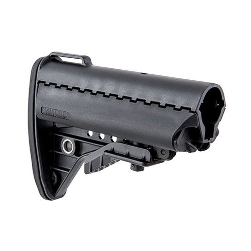 The VLTOR AR-15 IMOD Stock offers a robust, collapsible design with storage compartments and a comfortable buttpad, perfect for rugged battlefield conditions.
