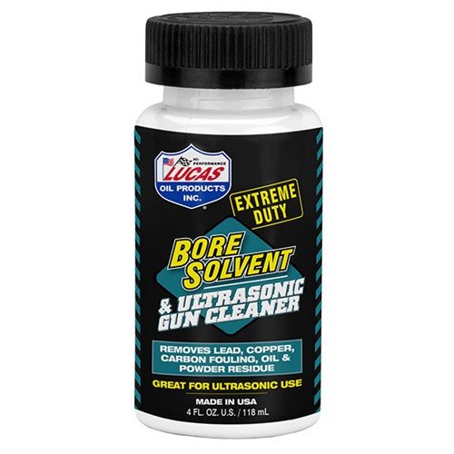 Lucas Extreme Duty Bore Solvent cleans and protects firearms, removing fouling and residue with a low-odor formula, ideal for ultrasonic cleaners.