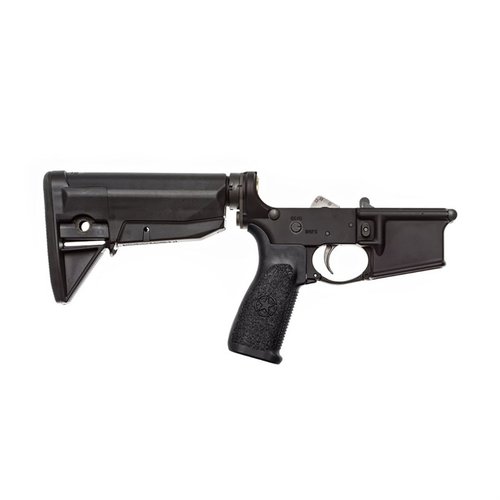 The Bravo Company COMPLETE LOWER RECEIVER features a BCMGUNFIGHTER Stock, Milspec components, and compatibility with 9mm, ensuring durability and performance.